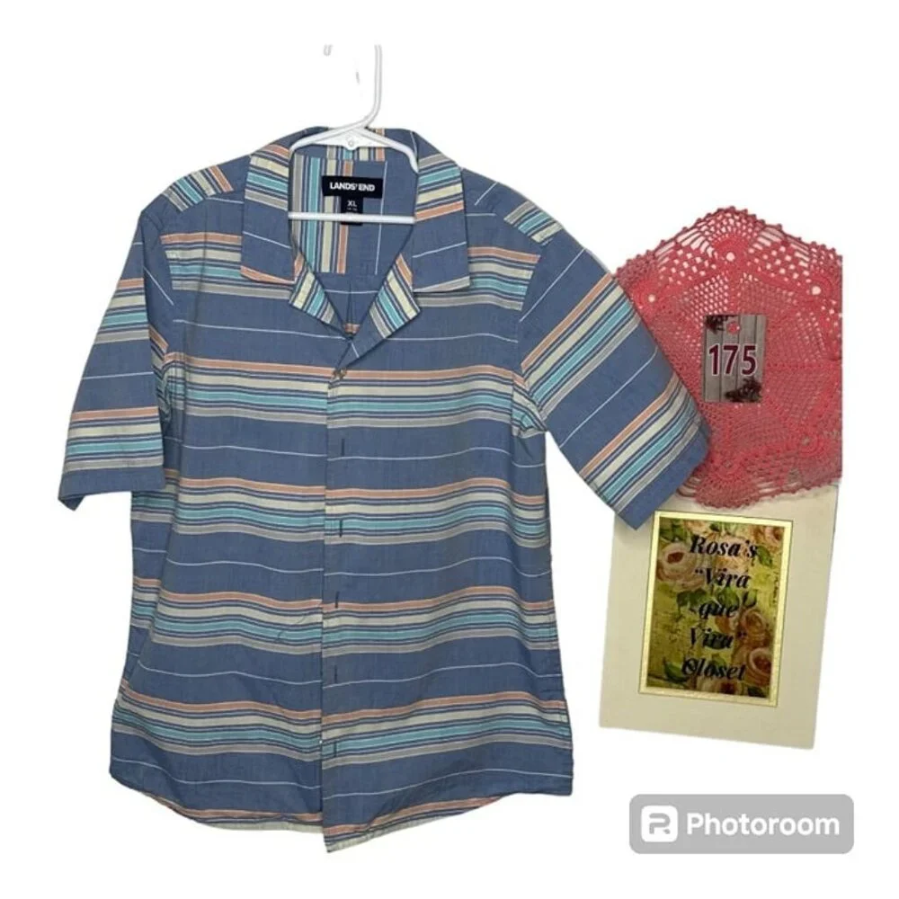 Lands' End Boys Blue Striped Button-Down Shirt Size XL (14-16) - Picture 1 of 9